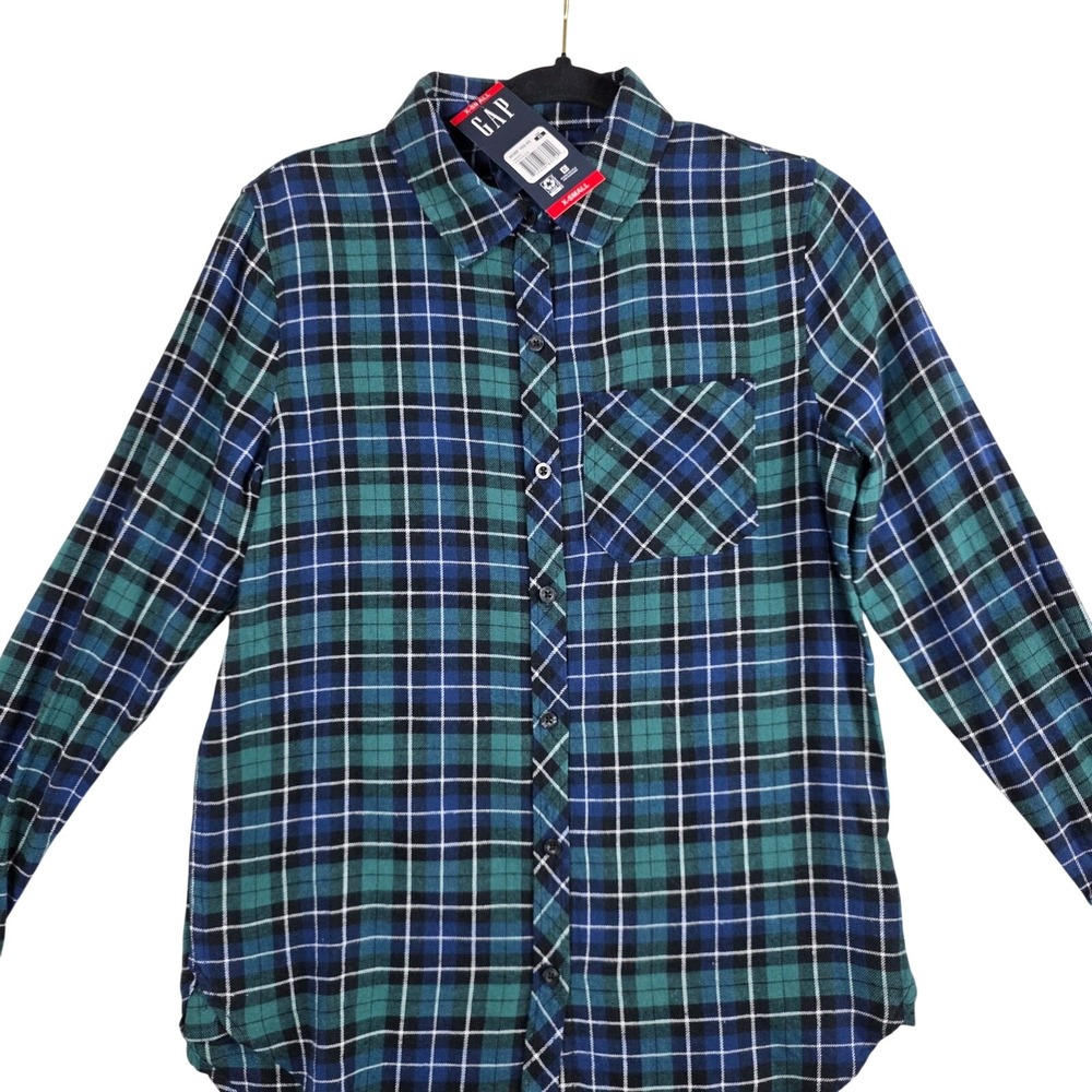 GAP Relaxed Fit Flannel Green Navy Plaid Cotton Shirt XS Granola Grunge Outdoor